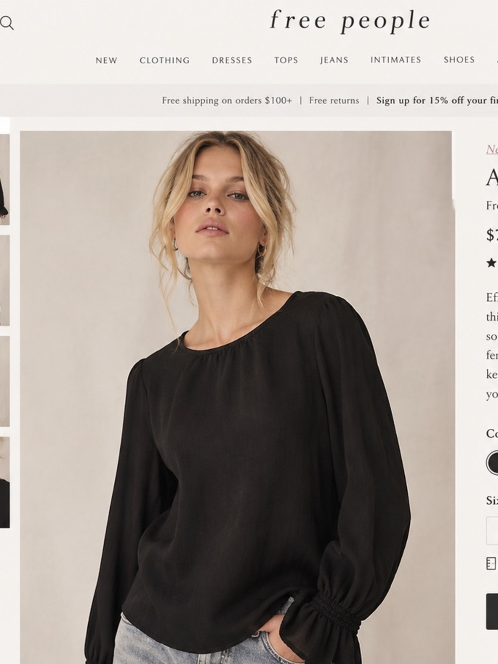 Free People Black Aurelia Ruffle Cuff Long-Sleeve Blouse